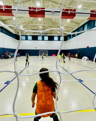 Looking through a soccer net, with indoor soccer / futbol players.