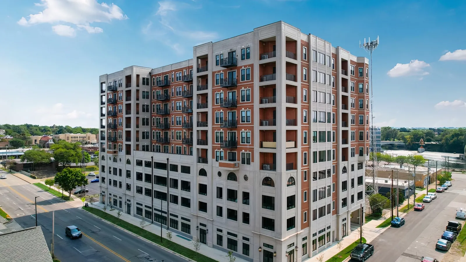 300 East LaSalle mid-rise apartment building, camera approximately at the 6th floor, shot from a drone.